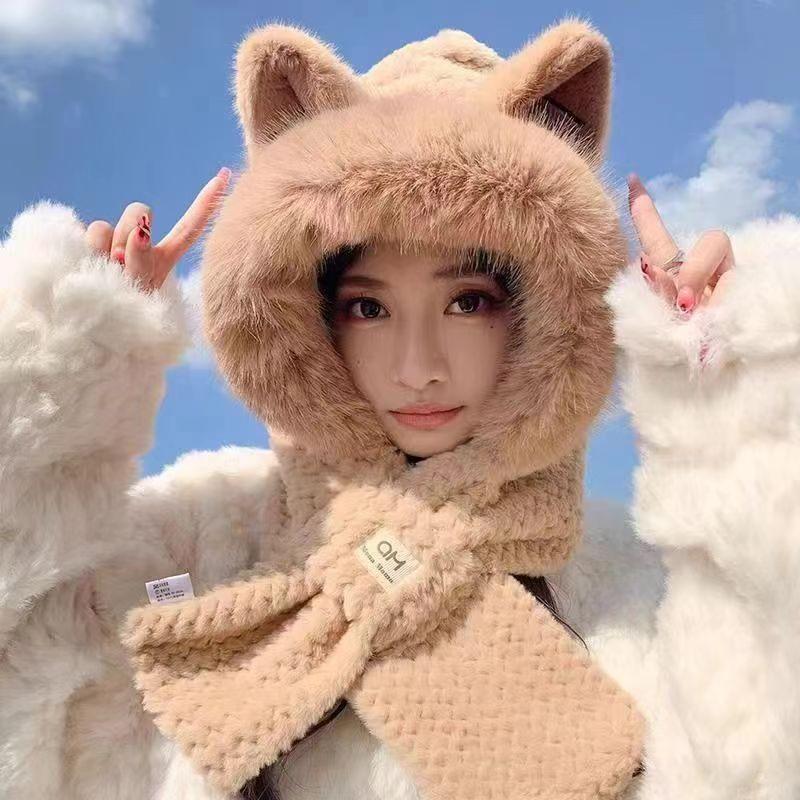 Cute bear hat, scarf integrated women's winter plush hat women's winter plush hat, plush warm ear protection and cold hat tide