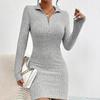 2025 Euro-American Autumn/Winter Women's Knitted Lapel Zipper Waist-Cinching Long-Sleeve Hip-Wrap Dress