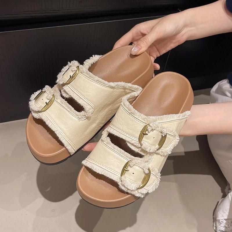 Fashion New Slippers Female Platform Shoes Slides Fashion Woman Soft Luxury Beach Hoof Heels Rome Rubber Casual Double Buckle Non-slip