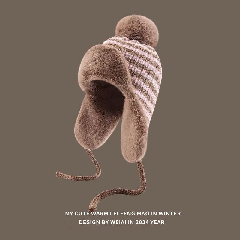 Winter Plush Thickened Wool Ball Knitted Plush Lei Feng Hat for Women's Ear Protection Hat Stripes Retro Big Head Cycling Hat