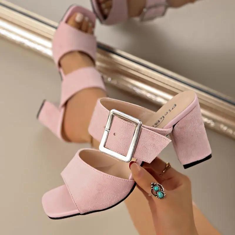 Retro Metal Buckle Decoration Suede Slip On Sandals Women 2025 Summer Square Toe High Heel Slippers Elegant Party Dress Shoes