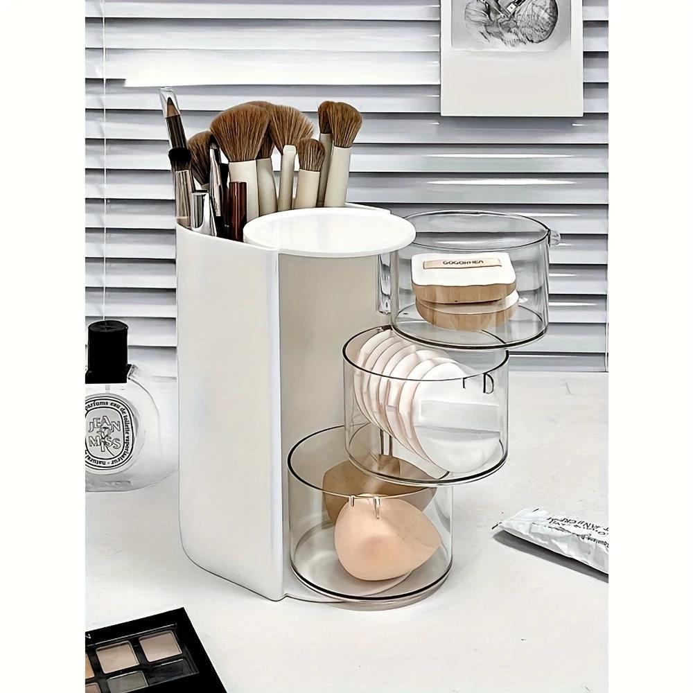Rotating Multi-Layer Vanity Organizer: Puff, Eyebrow Pencil & Pen Holder