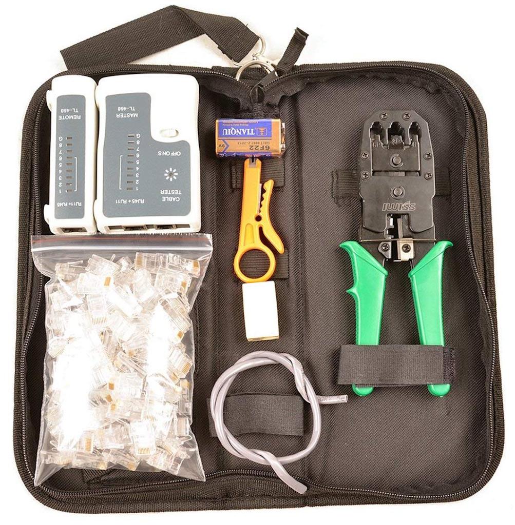 IWISS LAN Cable Making Tool Kit: Crimping Pliers (with Stripper), LAN Cable Tester, Connectors (100 pieces, Solid Wire, CAT6 Compatible), Storage Bag