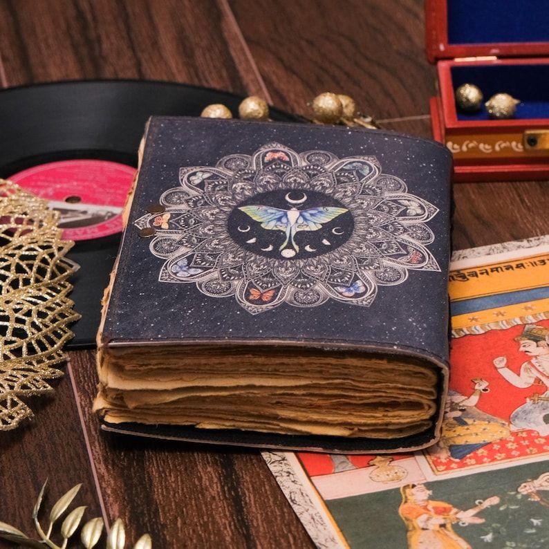 Blank Spell Book of Shadows Journal with Lock Clasp | Vintage Handmade Leather Luna Moth Butterfly Diary | Pagan Witchcraft Wiccan Notebook