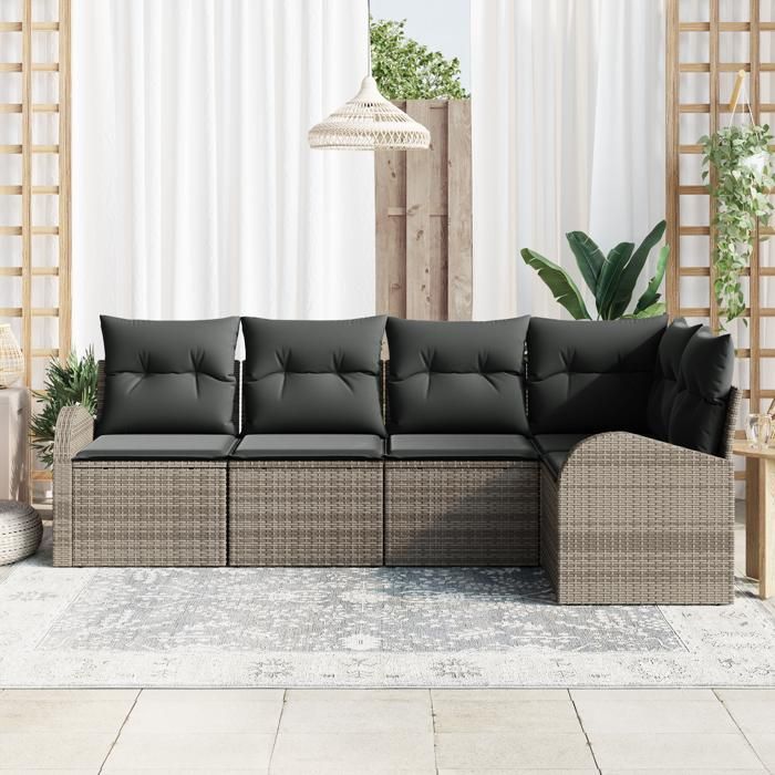 Ensemble de canapé de jardin vidaXL 5 pièces avec coussins gris poly rattan, Canapé de jardin 2 places vidaXL avec rangement 3354708