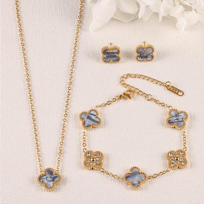 Set de Bijuterii de Lux cu Trifoi cu Patru Frunze, Colier, Brățară și Cercei în Trei Piese cu Zirconiu Rezistent la Decolorare, Bijuterii la Modă