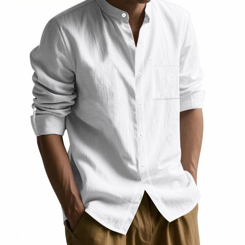 

Men Linen Blend Stand Collar Shirt Long Sleeve Roll Up Casual Button Down With Pocket S білий