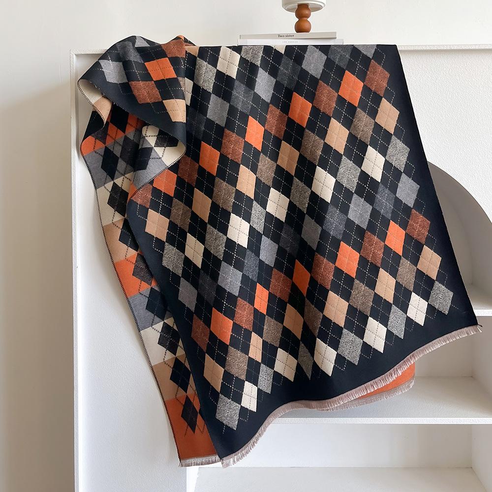 British Vintage Neutral College Style Plaid Rhombus Imitation Cashmere Scarf Tassel Premium Beige Student Large Shawl