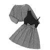 Girls' Houndstooth Two-Piece Set: Long-Sleeve Jacket with Bow A-Line Skirt