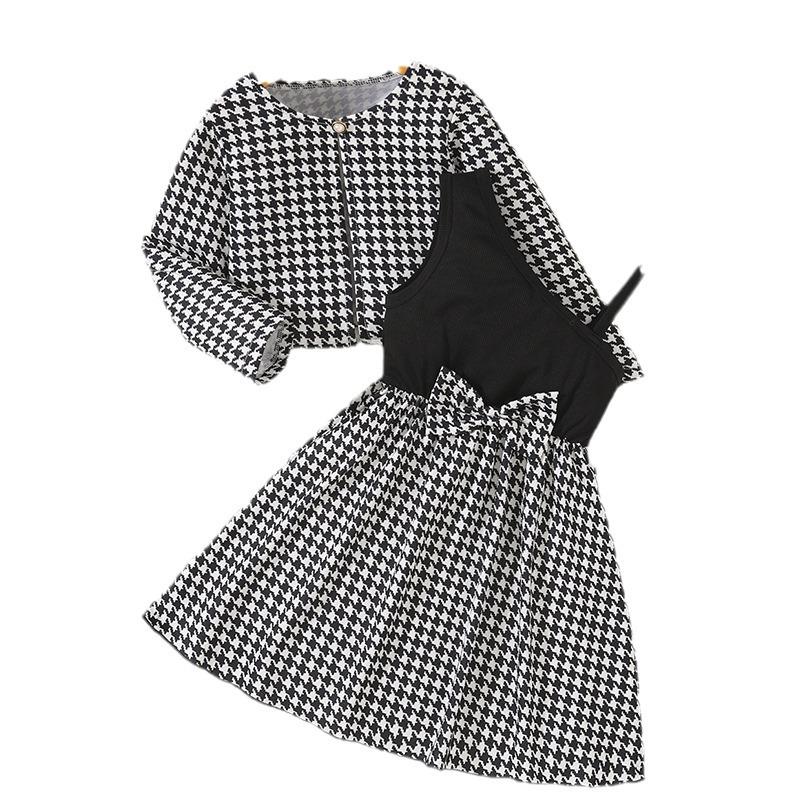 Girls' Houndstooth Two-Piece Set: Long-Sleeve Jacket with Bow A-Line Skirt