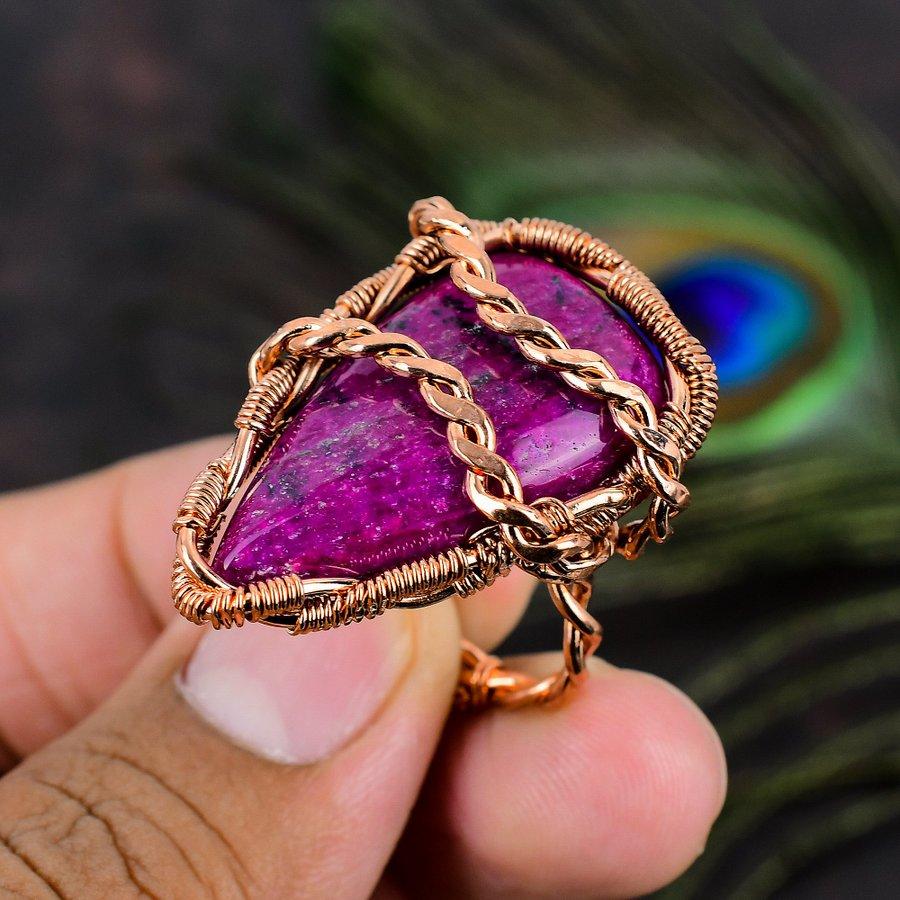 Natural Pink Dendritic Gemstone Handmade Copper Wire Wrap Ring Size 8.5 D4n66