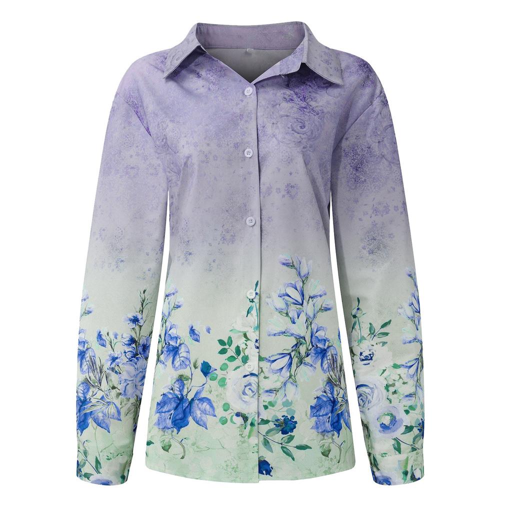Women's Fashion Casual Printed Button Lapel Long Sleeved Shirt Top Blouse