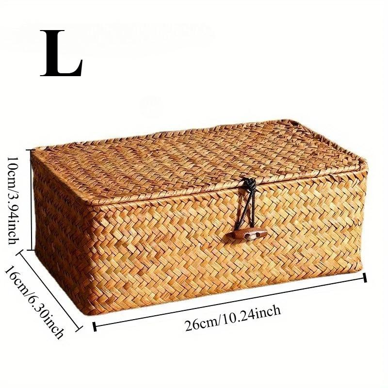 Natural Seaweed Woven Belt Covered Storage Box, Photography Props, Miscellaneous Items Sorting Basket, Desktop Storage Box