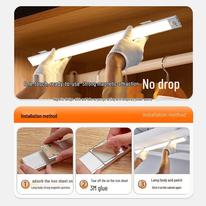 Rechargeable Ultra-thin LED Motion Sensor Light Strip for Cabinets with Magnetic Mounting
