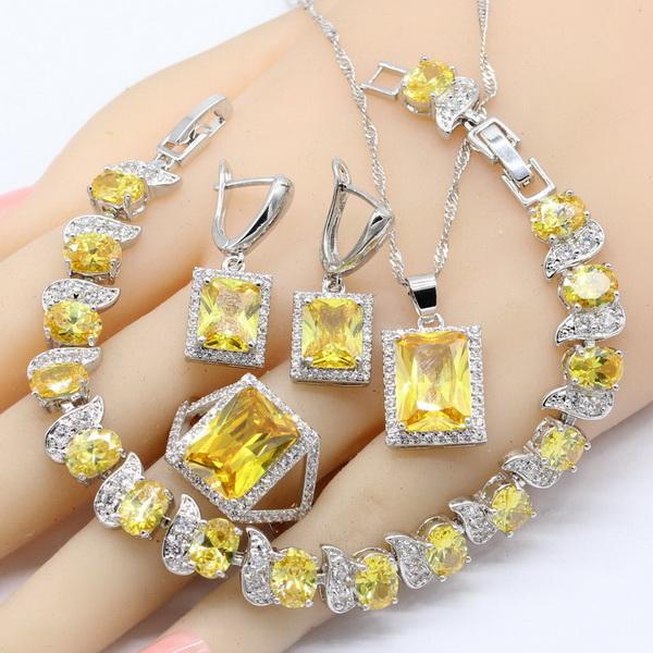 Geometric Yellow Cubic Zircnoia  Color Jewelry Sets For Women Bracelet Earrings Necklace Pendant Rings Gift Box