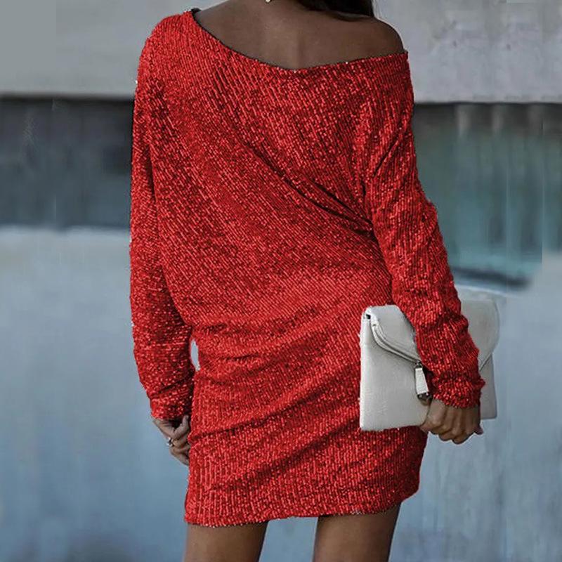 Women's Mid-Length Oblique Shoulder Sequin Dress