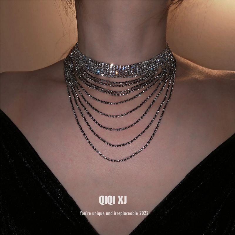 Exaggerated Fashion Silver Rhinestone Multi-Layer Necklace Women s Sexy Luxury Stylish Tassel Dress Clavicle Chain Niche Style Super Flash Default
