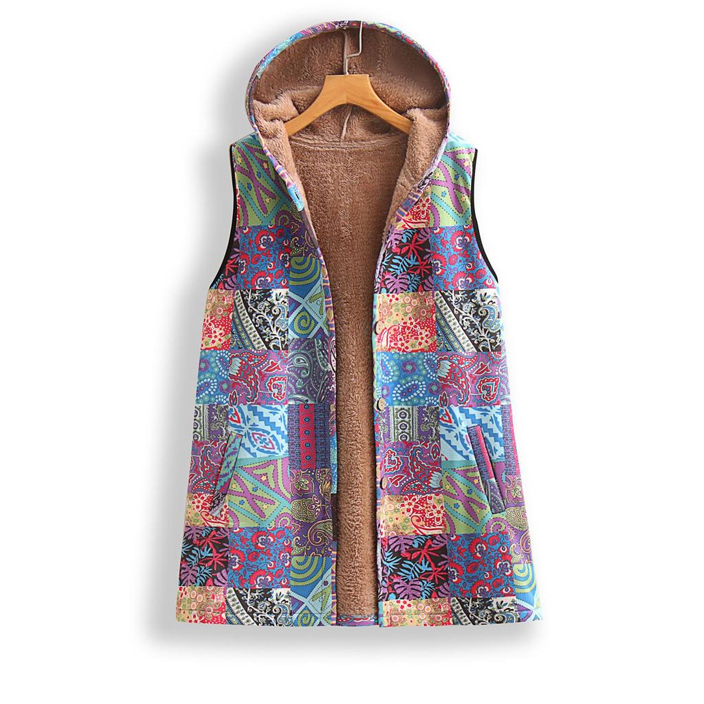 Women's Fashion Retro Sleeveless Warm Printed Wrap Stripe Vest Jacket