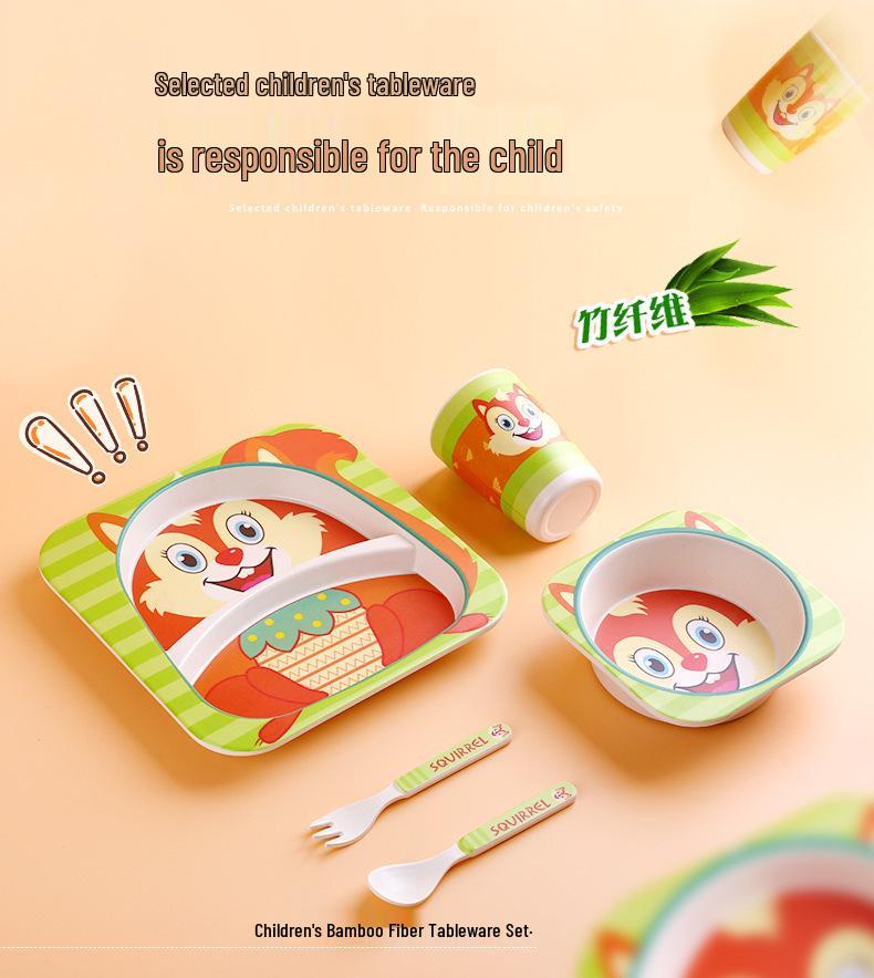 Kreativní dětská jídelní sada z bambusového vlákna - Pěti dílný kreslený design pro děti.