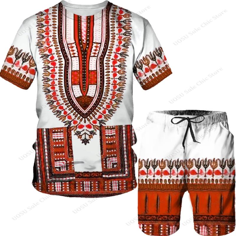 Elegant stil afrikanske totem-trykte t-skjortesett for menn i plussstørrelse menn Etnisk primitiv tribal-trykt treningsdrakt tradisjonelle klær