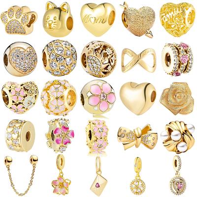 New Sparking Gold Heart Flower Pet Paw Safety Chain Charm Bead Fit Original Europeans Copper Bracelet Diy Jewelry Gift