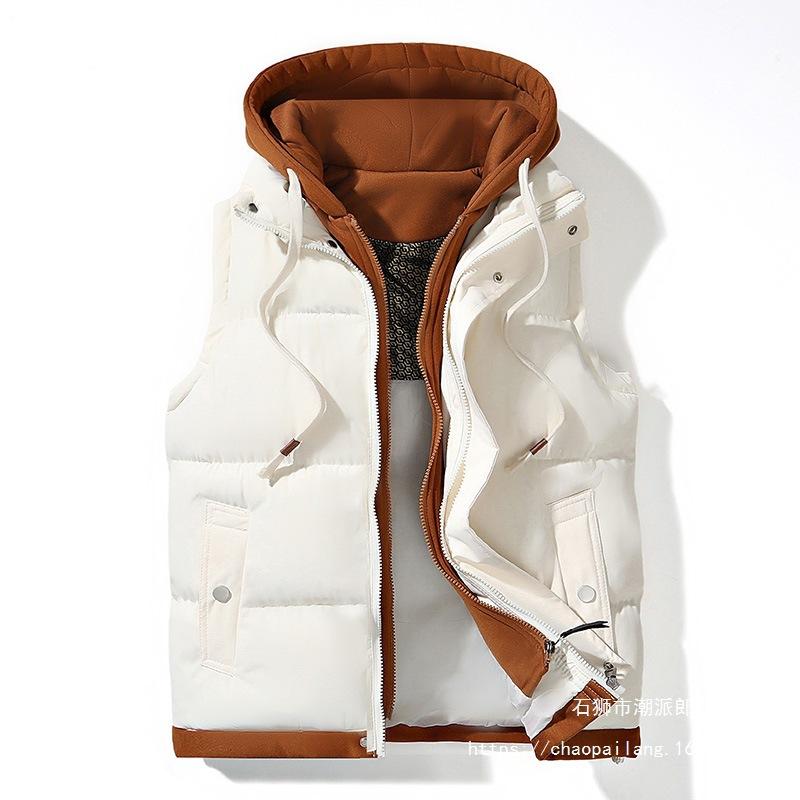 High-quality trendy brand hooded vest men's loose down cotton hooded vest warm and thickened cotton vest couple fake
