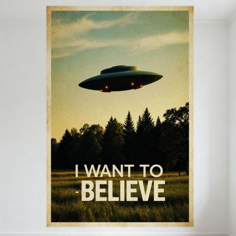 Vintage UFO 'Chci věřit' Kovový plechový nápis, Retro mimozemský plakát Nástěnná deska pro domácí bar Pánskou jeskyni Kancelářskou dekoraci