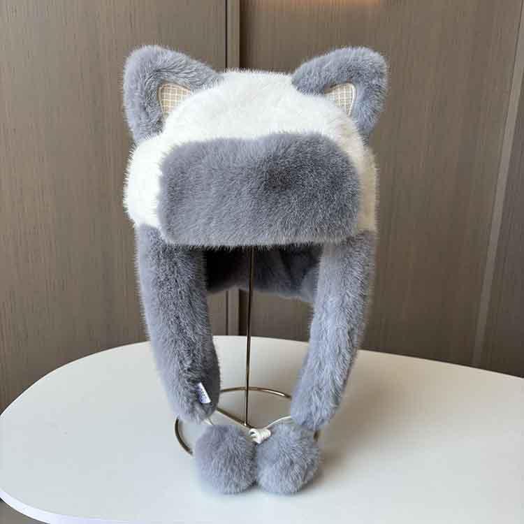 New cat ears plush Lei Feng hat women's cycling windproof warm ear protection hat plush thickened hanging ball small hat