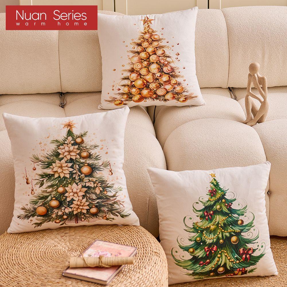 1PC Nuan Series Christmas Pillowcase Hand Drawn Christmas Tree Cluster Printed Cushion Cover for Sofa Living Room Bedroom Home Decor Party Decor