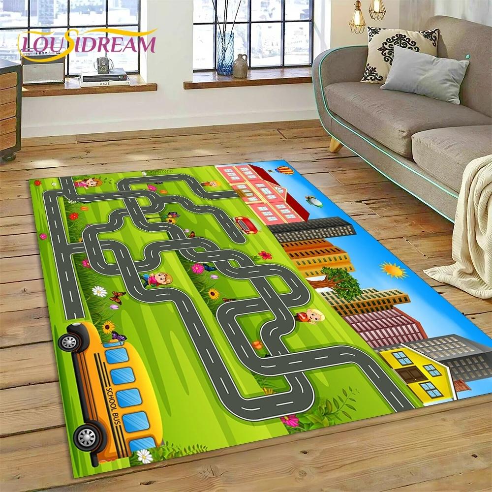 3D Highway Runway Playroom City Traffic Road Map Child PlayMat Rug Carpet for Living Room Bedroom Home Decor,Non-slip for Sofa