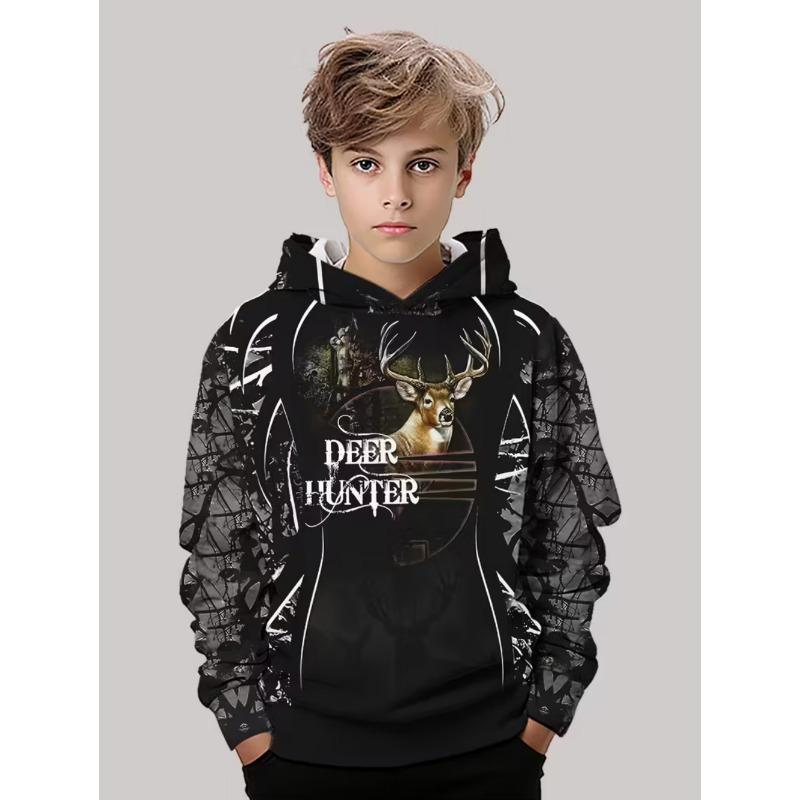 Hirschjagd Hoodies für Jungen Tiere Outdoor Camouflage 3D Vollprint Frühling Herbst Kinderkleidung Locker Lässig Sweatshirt Oberteile