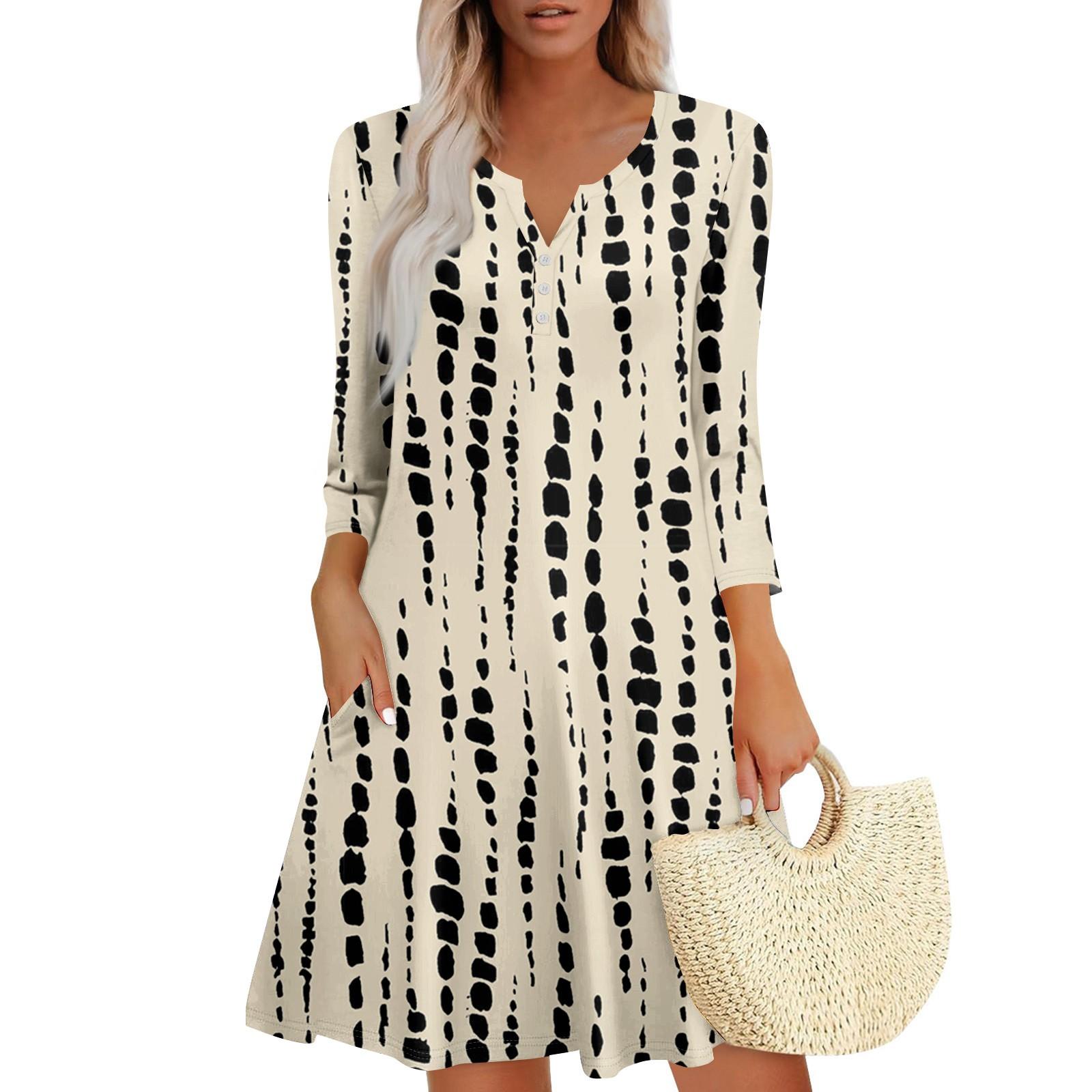 

Женское летнее платье, свободное платье с V-образным вырезом, рукавом три четверти и карманами L бежевый