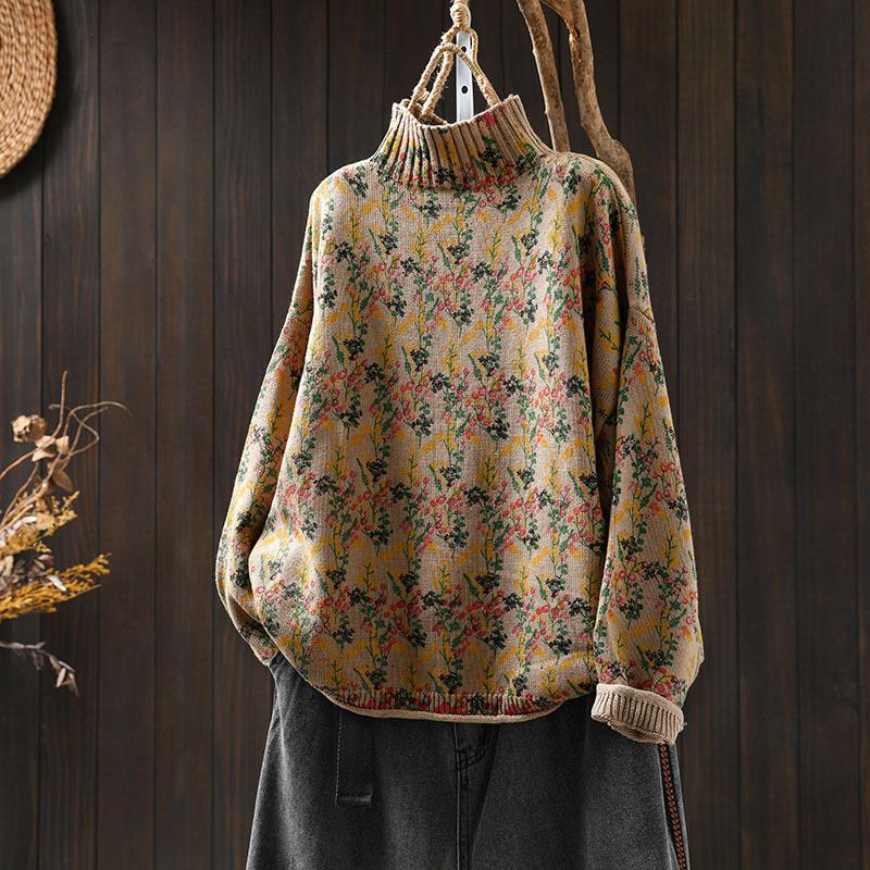 Women's Long Sleeve Turtleneck Sweater Mock Neck Floral Vintage Japanese Casual Pullover Knit Top