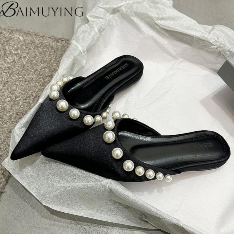 Bead Flats Slippers Women Pointed Toe Sandals Mules Shoes Woman Summer 2025 Designer Trend Dress Casual Shoes Elegant Slides