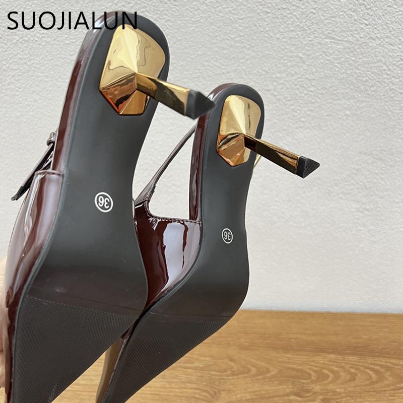 Fashion SUOJIALUN Spring New Brand Women Sandal Fashion Pointed Toe Shallow Slip On Slingback Shoes Thin High Heel Outdoor Dress Pumps