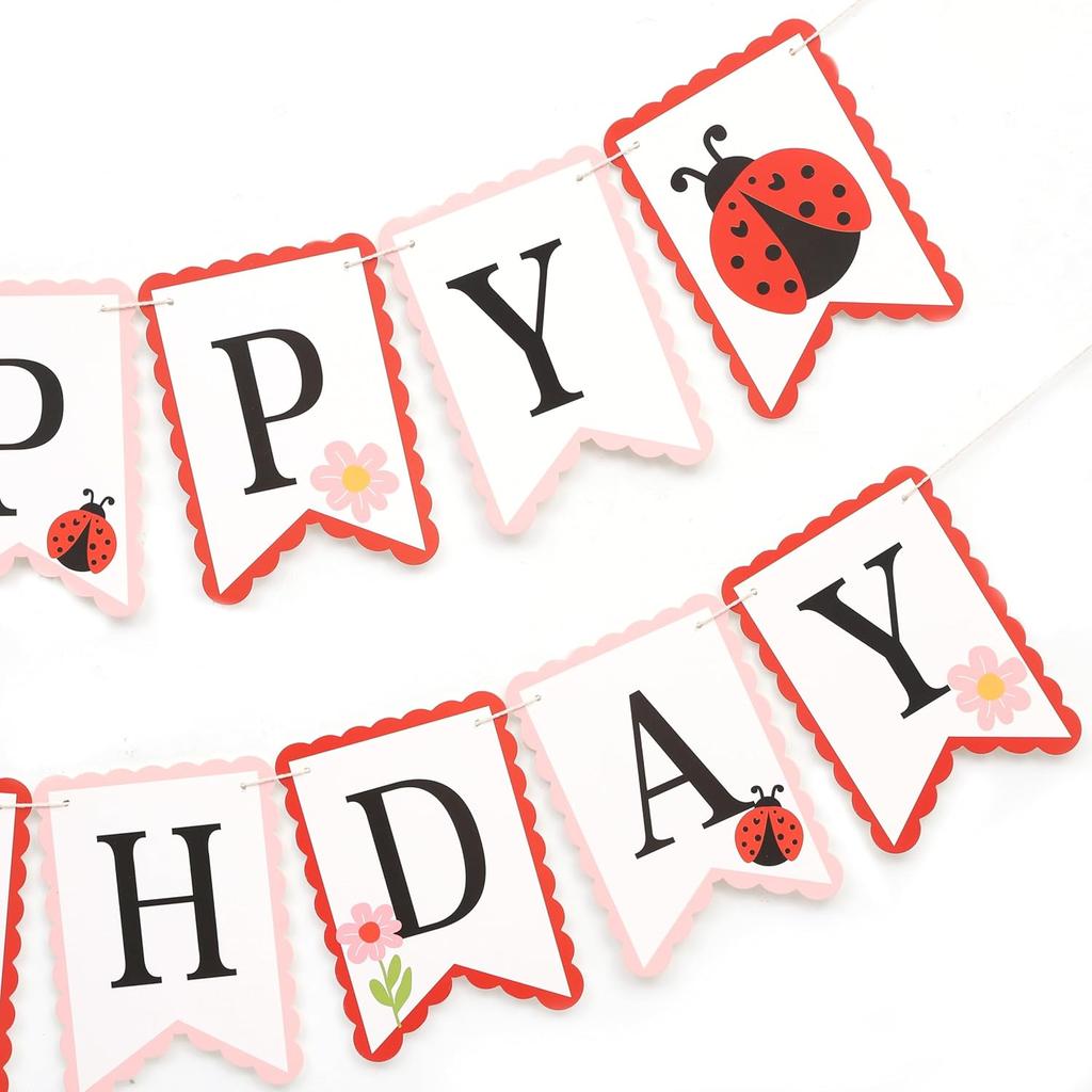 Ladybug Happy Birthday Banner - Cute Ladybird Party Decorations, Ladybug Theme Hanging Flags for Baby Showers, Kids Room Decor, Outdoor Garden Party