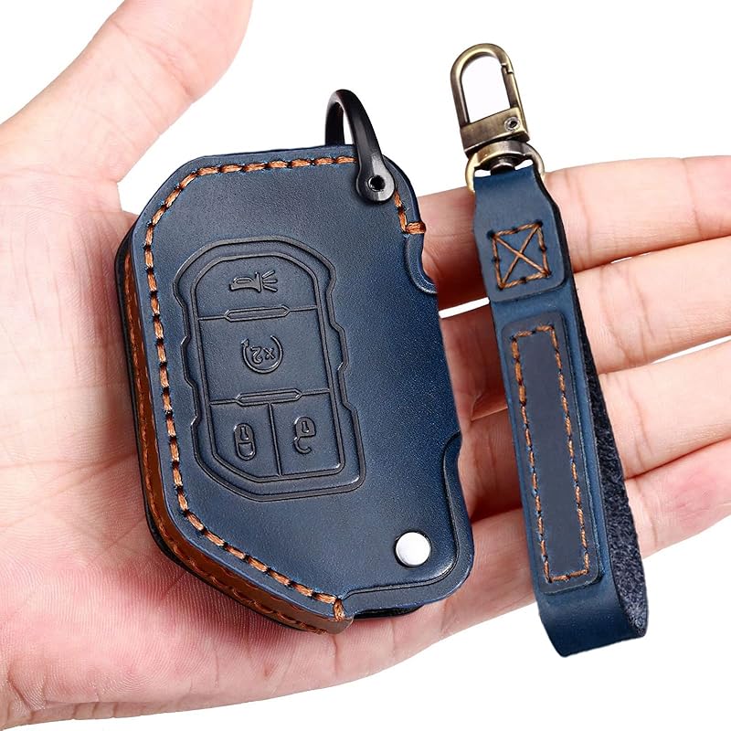 EASYANT Handmade Leather Car Key Fob Cover Compatible with Jeep 2018-2024 Wrangler Gladiator Sahara Rubicon 4 Buttons Black