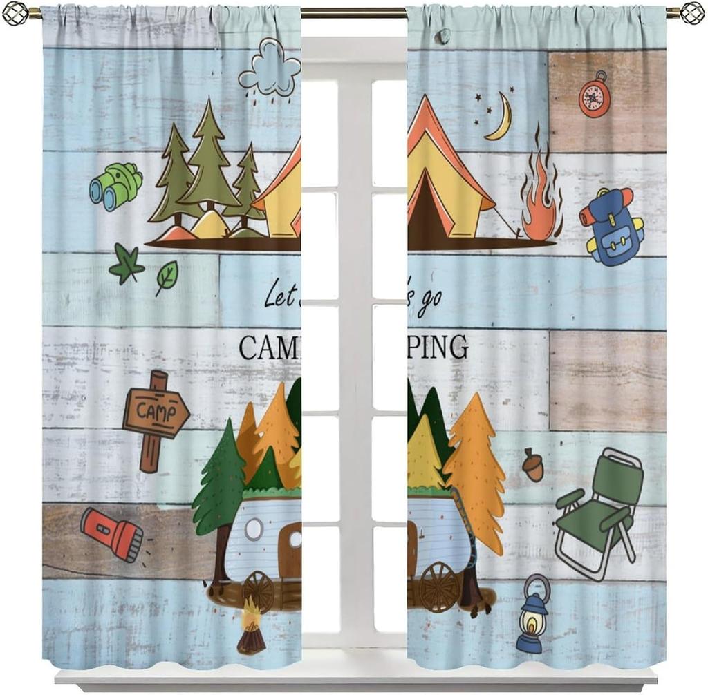 Retro Happy Camper Curta,Rustic Wood Plank Camping Travel Trailer Blackout Rod Pocket Window Curtain,For Boys Girls Living
