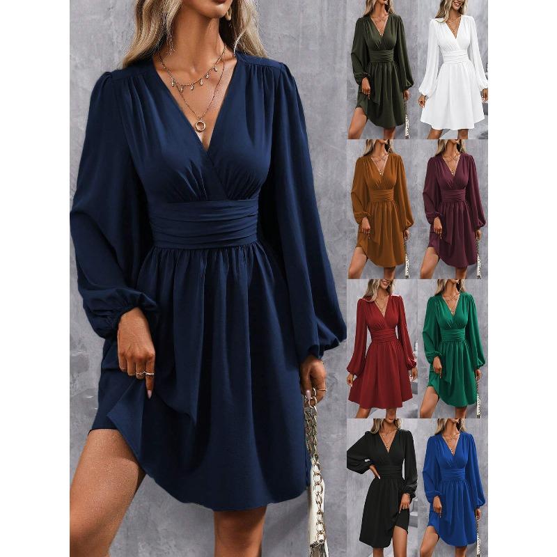 Autumn and Winter New Slanted Collar Lantern Sleeve Pleated Waist Dress