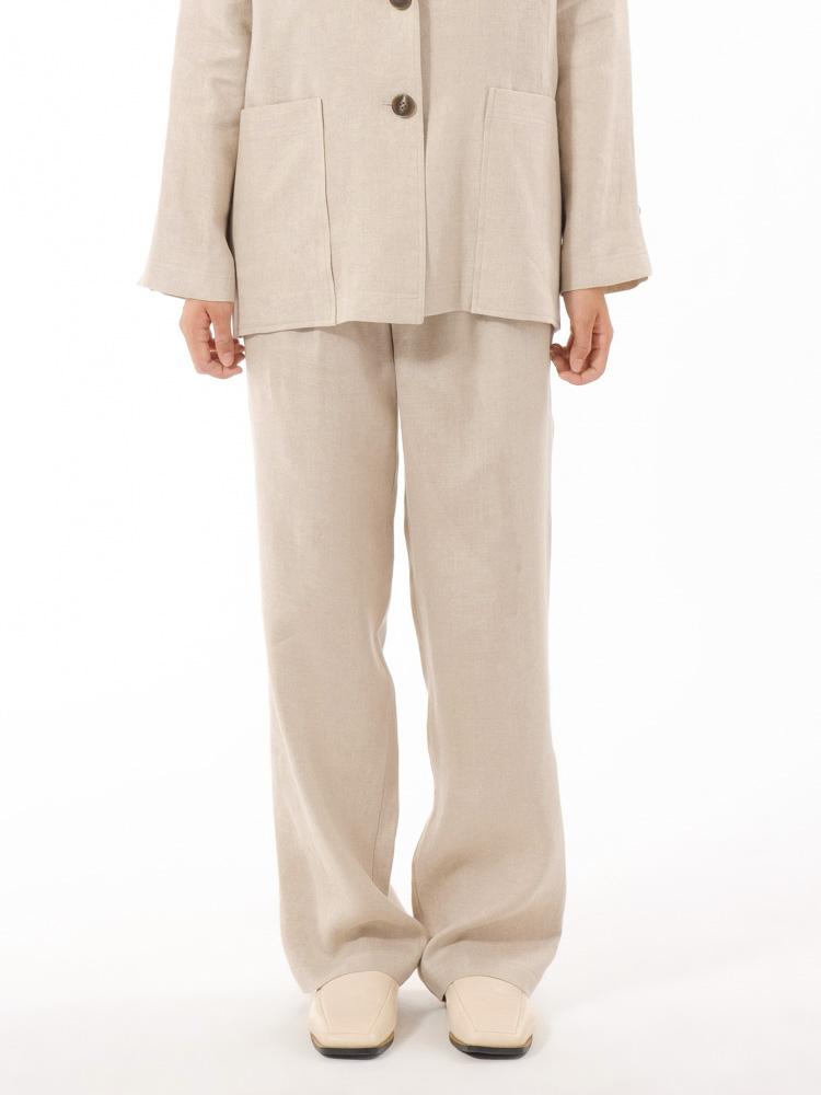 RAMU STUDIO Denzel Office Pintuck Wide Straight Natural Hemp Premium Linen Slacks Butter Beige Denzel02Bbg