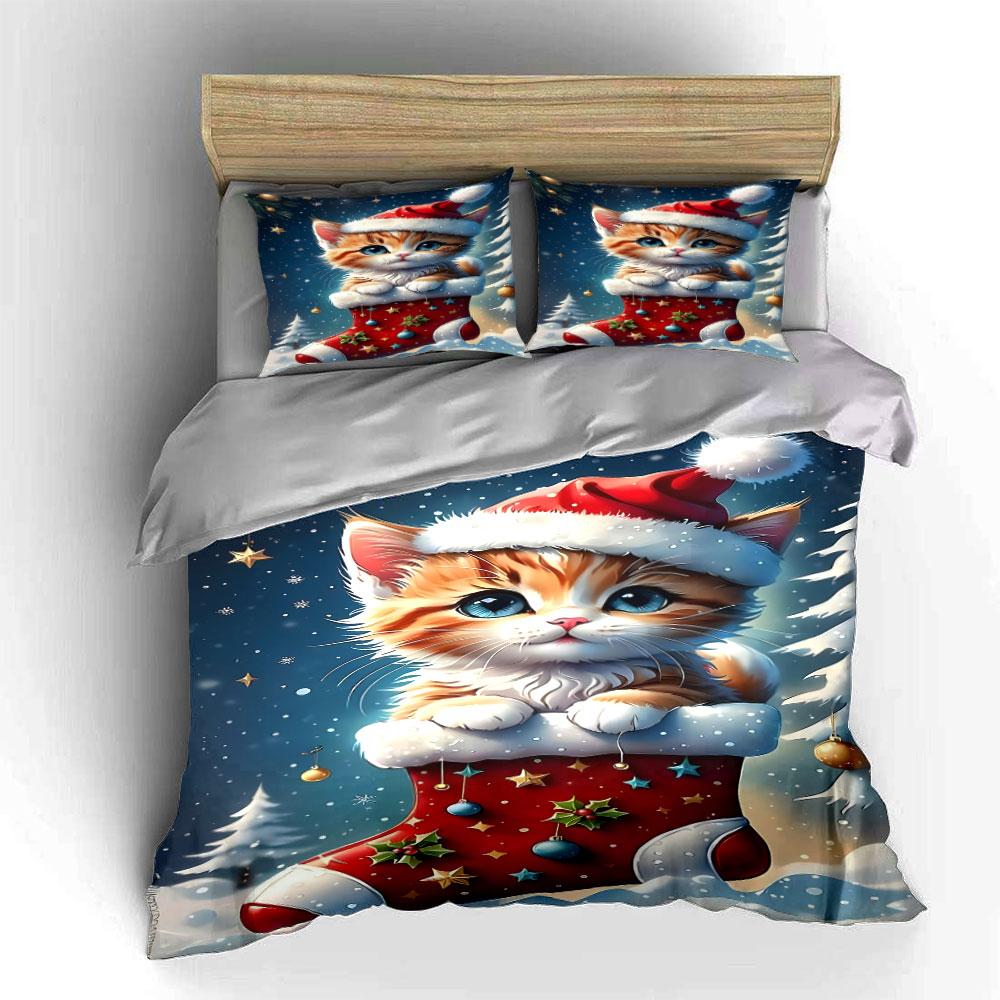 Santa hat, kitten, Christmas stocking. Bedding sets Duvet cover sets Duvet covers Pillowcases(1 * Duvet Cover 2 * Pillowcases without duvet insert)