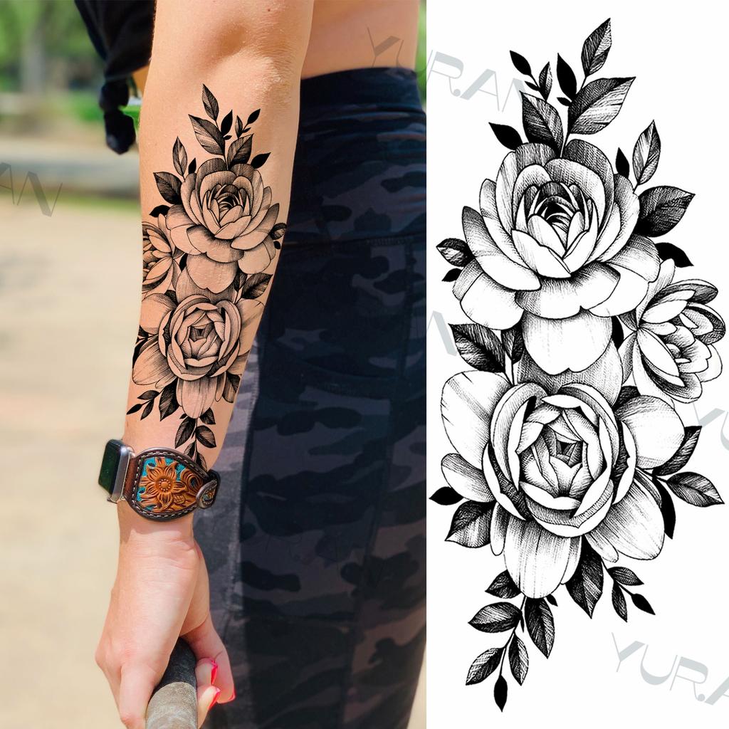 Zwarte Grote Slang Bloem Fake Tattoo Sticker Voor Vrouwen Dot Rose Pioen Tijdelijke Tattoos DIY Water Transfer Tatoos Meisjes
