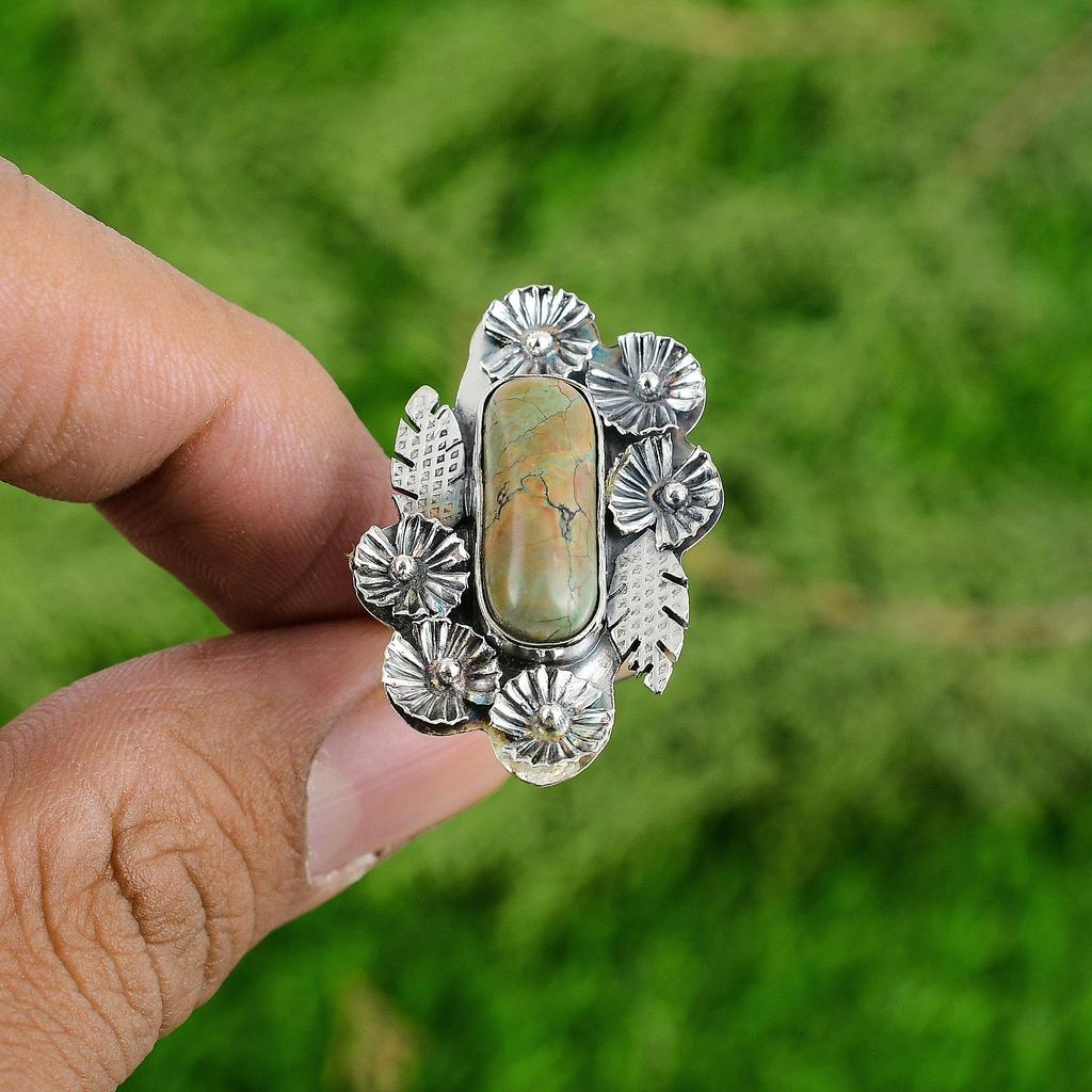 Stackable Flower Adjustable Ring 925 Silver Natural Tibetan Turquoise