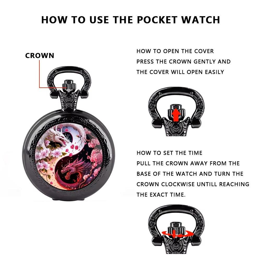 Vintage Retro White Pink Yin Yang Double Dragon Quartz Unisex Men Women Pocket Watch Quartz Necklace Pendant Clock Chain Classic Dial Jewelry Gift