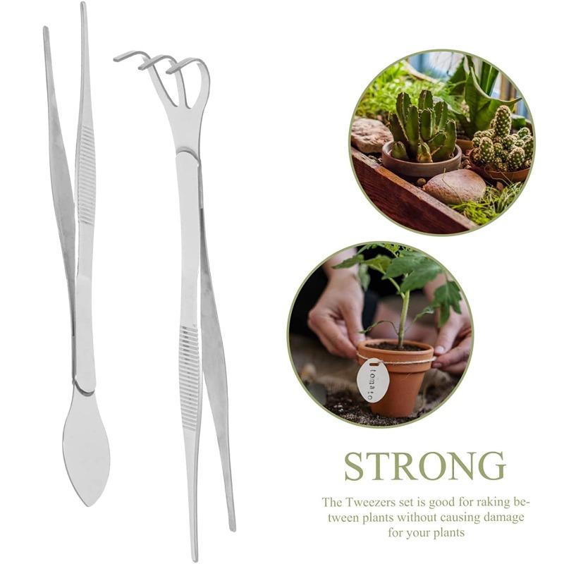 1pc 2-in-1 Stainless Steel Root Rake with Bonsai Tweezers with Ergonomical Handle Soil Farming Tool for Succulents Crafting