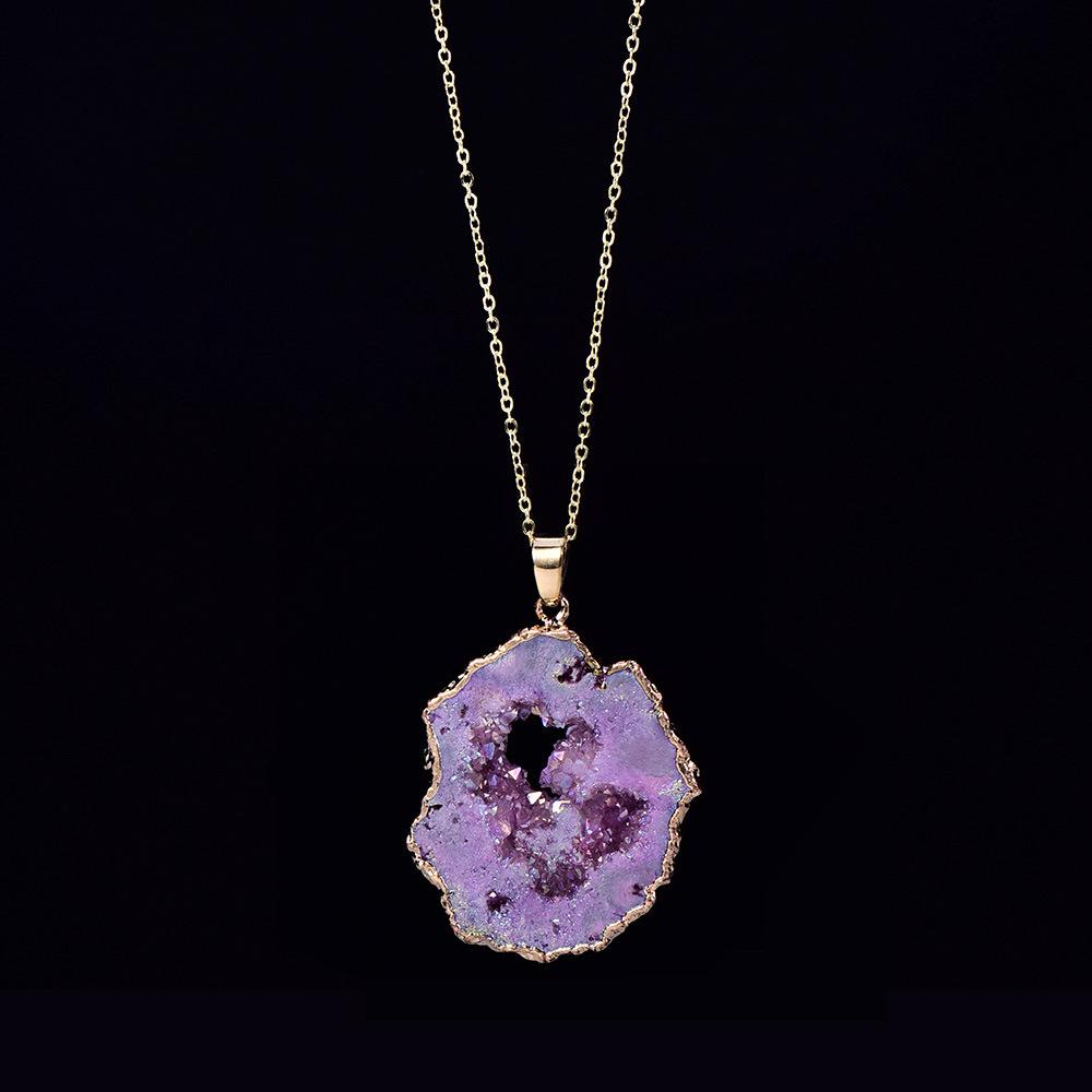 Natural Irregular Agate Charms Geode Quartz Slice Crystal Druzy Pendant Necklace DIY Jewelry Making Natural Agate Slice Necklace фиолетовый