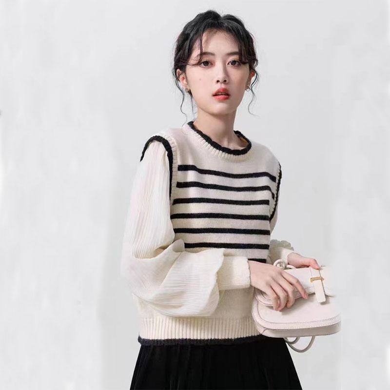 Pulover tricotat franțuzesc pentru femei primăvara și toamna, cămașă nouă blândă în mochiuri contrastante, top cu dungi