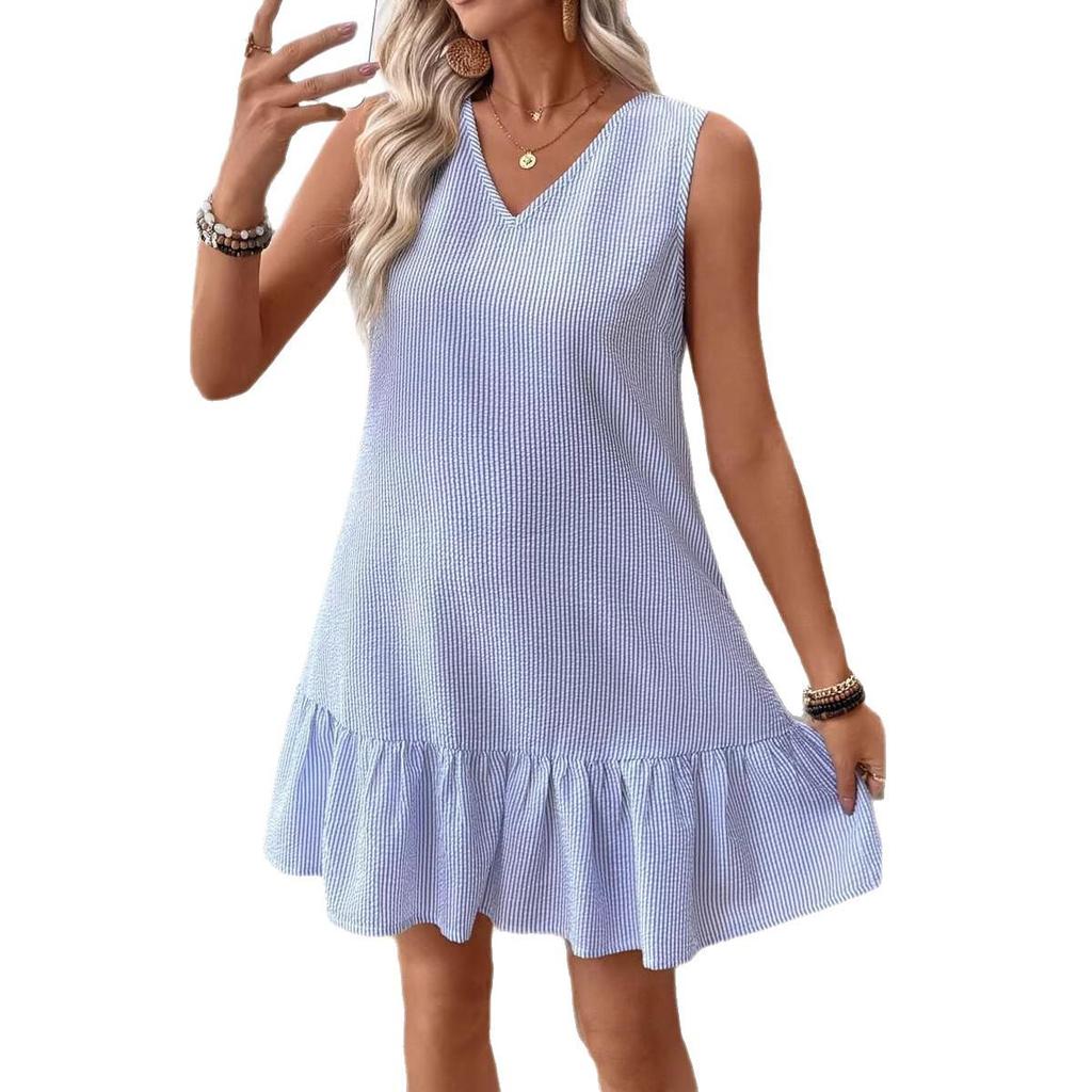 2026 Women's Casual Striped Button-Back Mini Dress - Vacation Style