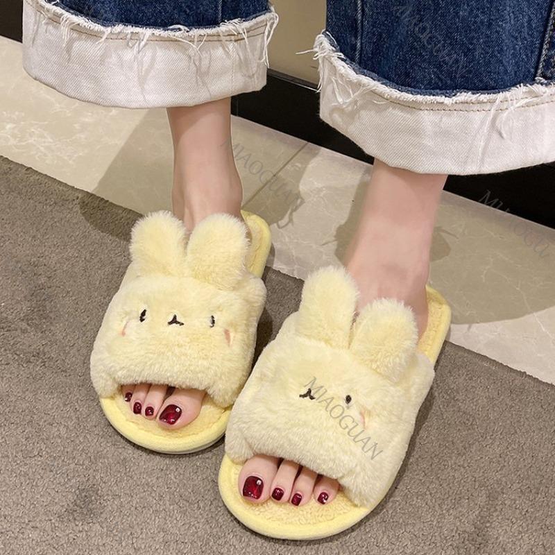 Fashion 2025 Autumn New Home Cartoon Rabbit Cotton Slippers Female Flat Bottom Plush Solid Color Soft Indoor Slides Casual Women's Shoes