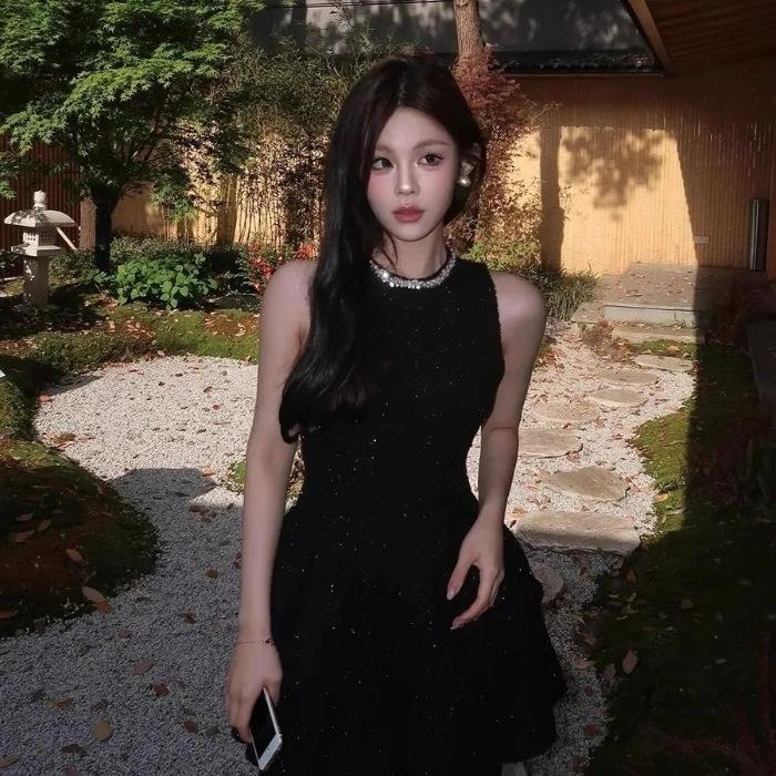 

Beautiful Spice Girl Waist Dress Women s French Temperament Thousand Gold Sense Small Black Dress Birthday Dress Short Skirt S чёрный